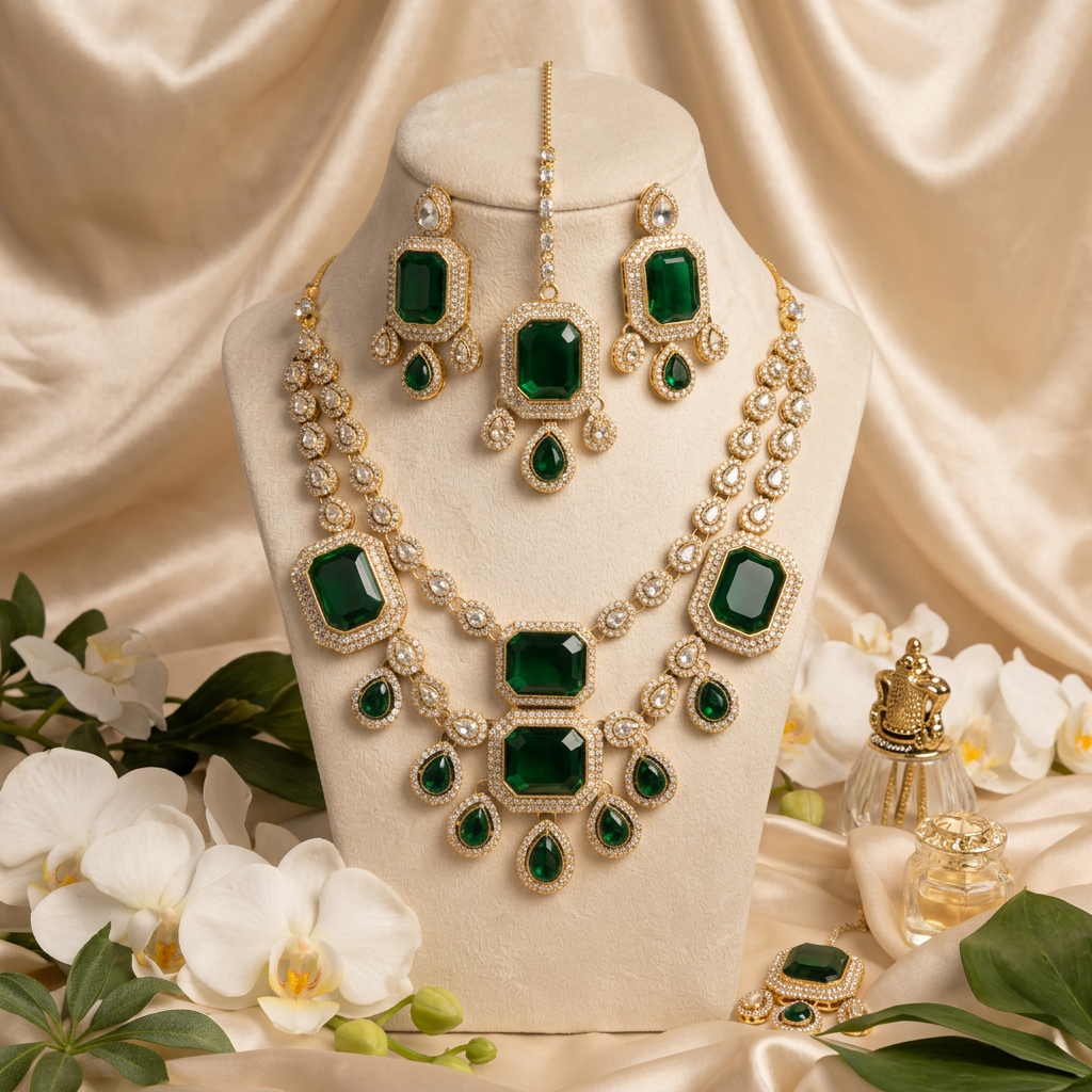 Anaki- Royal Emerald Green polki Kundan Necklace Set with Matching Earrings & Maang Tikka
