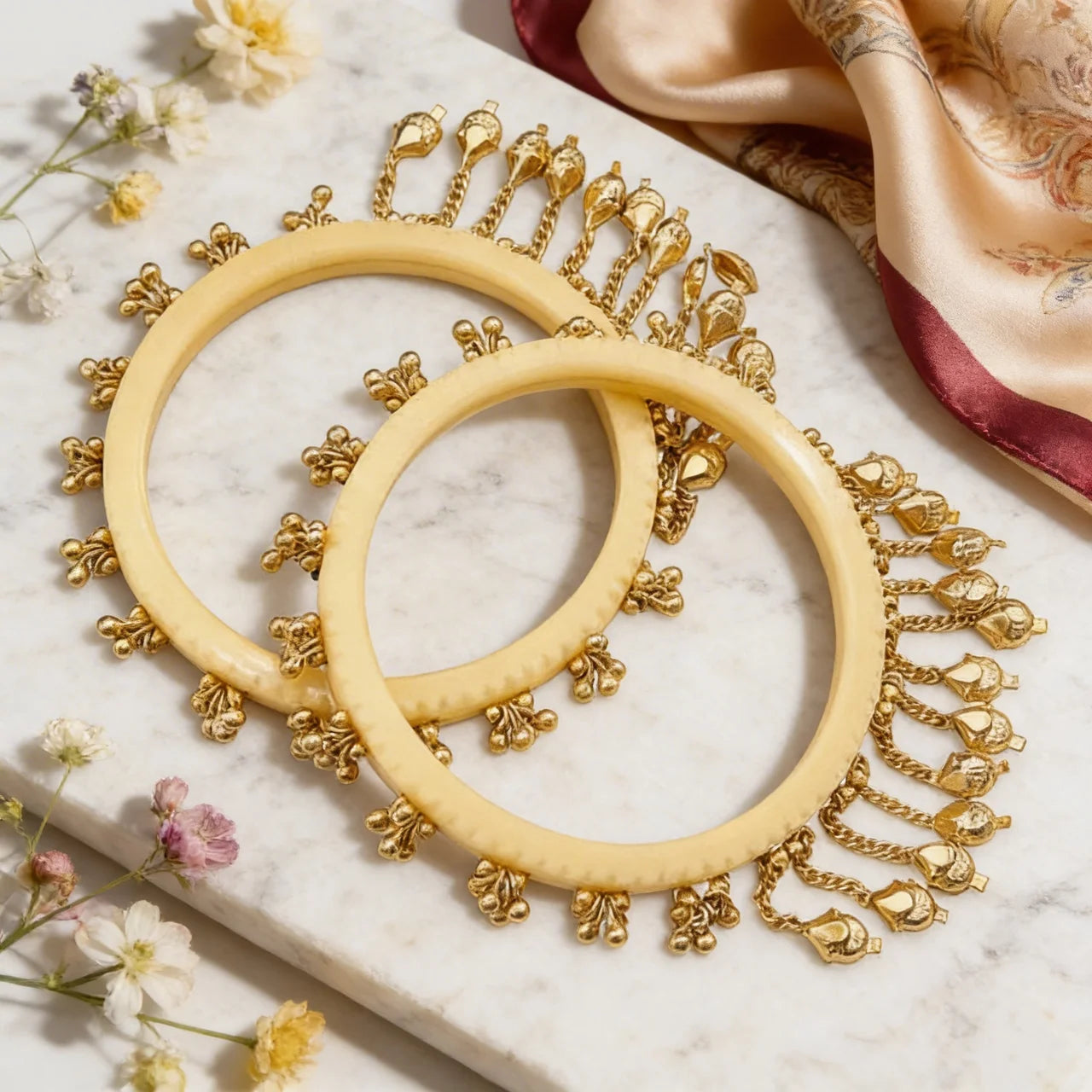 Indira- Cream Heritage Ghungroo Bangles (Set of 2)