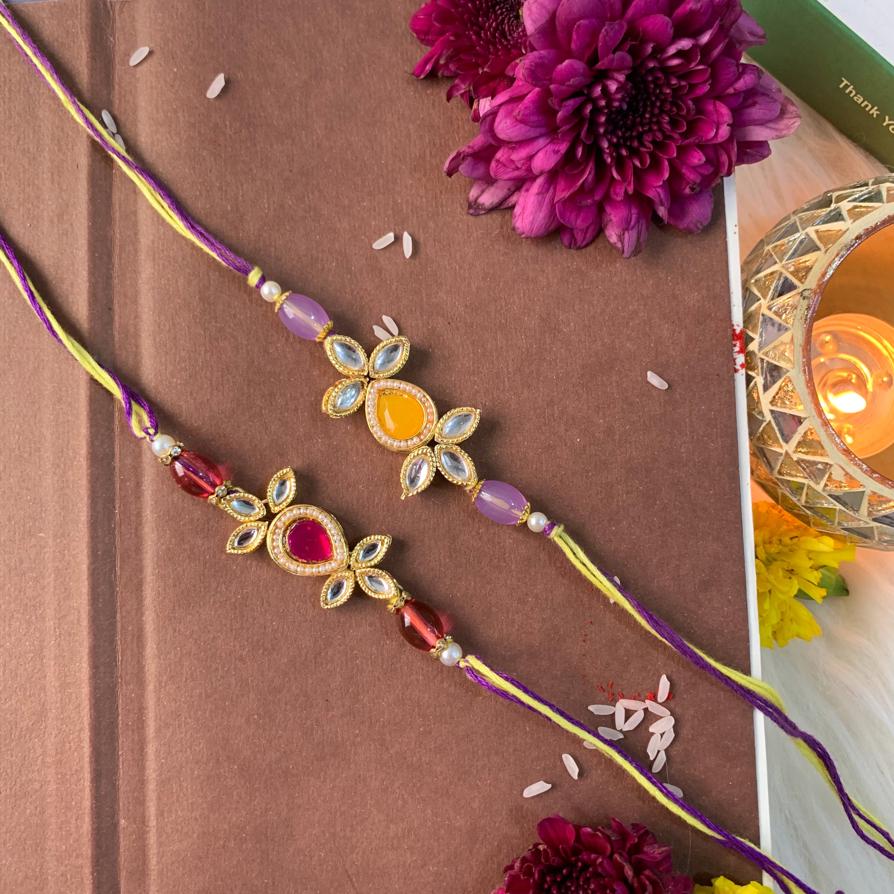 Beautiful Kundan & Pearl Rakhi with Roli Chawal & Card (Pack of 3)
