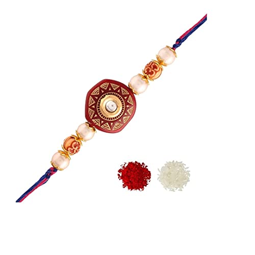 Gold Plated Ethnic Designer Pearl Kundan Rakhi Bracelet for Brother/Men