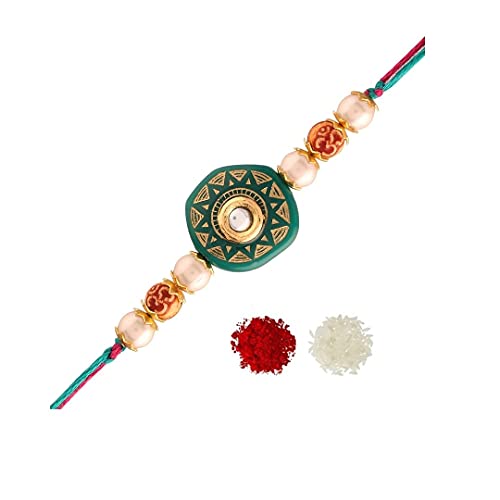 Gold Plated Ethnic Designer Pearl Kundan Rakhi Bracelet for Brother/Men