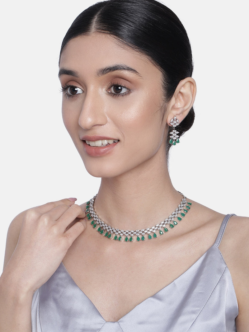 Amayah Rhodium Green Jewellery Set
