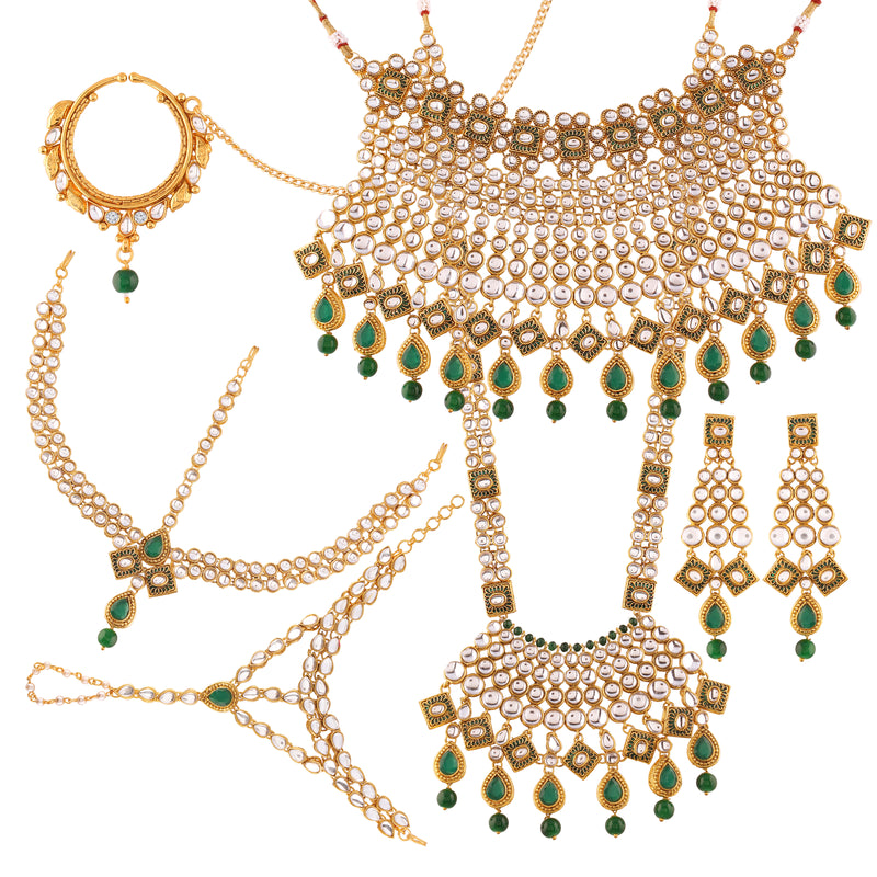  kundan,  pearls , Green Bridal Jewellery Set