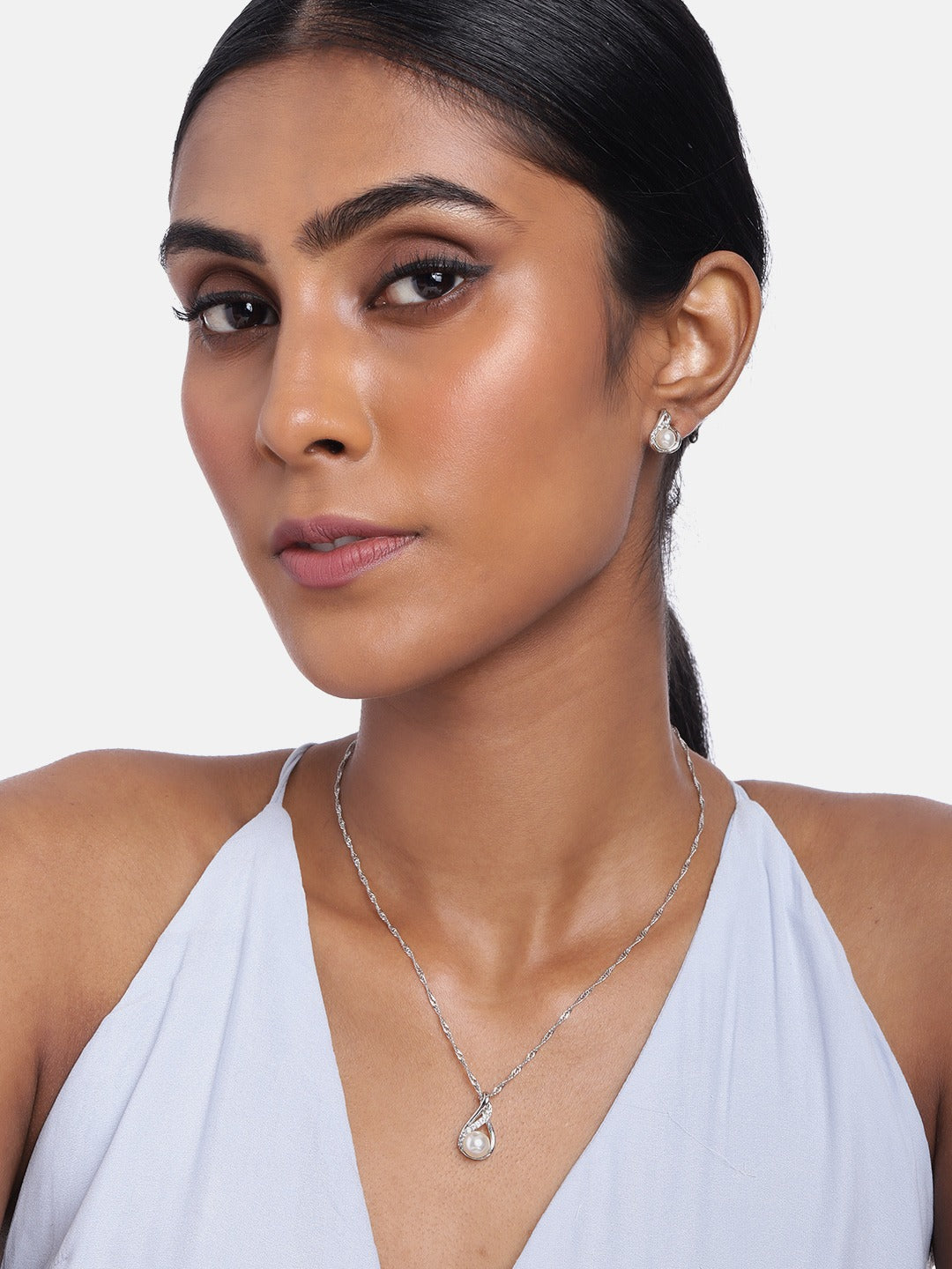 silver chain pendent , american daimond , pearls drop earring