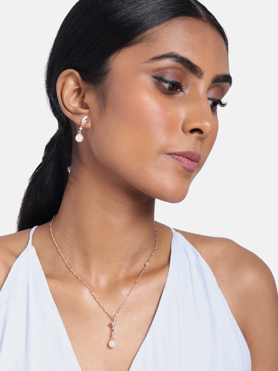 rose gold chain pendent , american daimond  , pearls drop earring