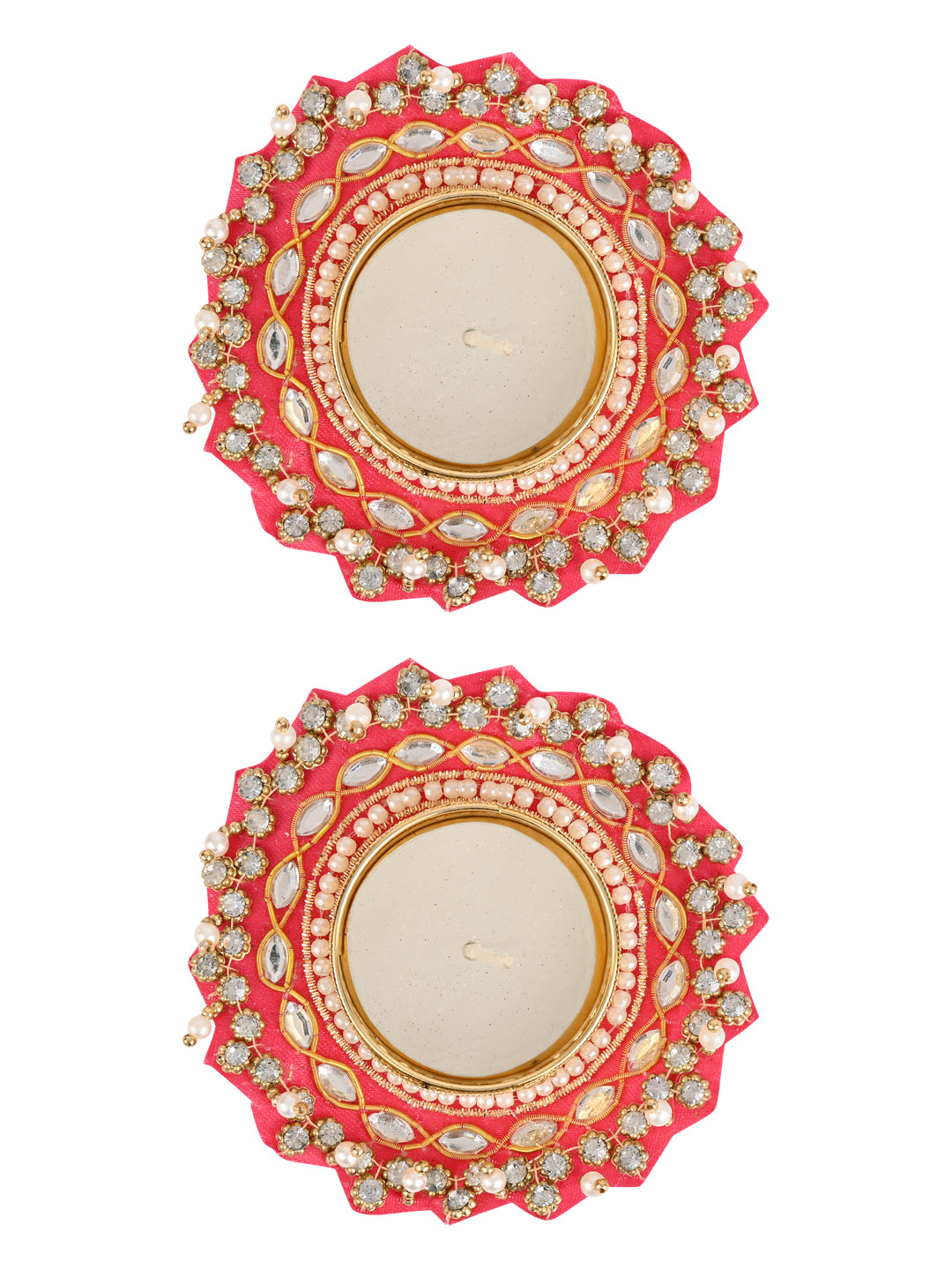 Festive Pearl & Kundan Studded Diyas with tealights - Set of 2