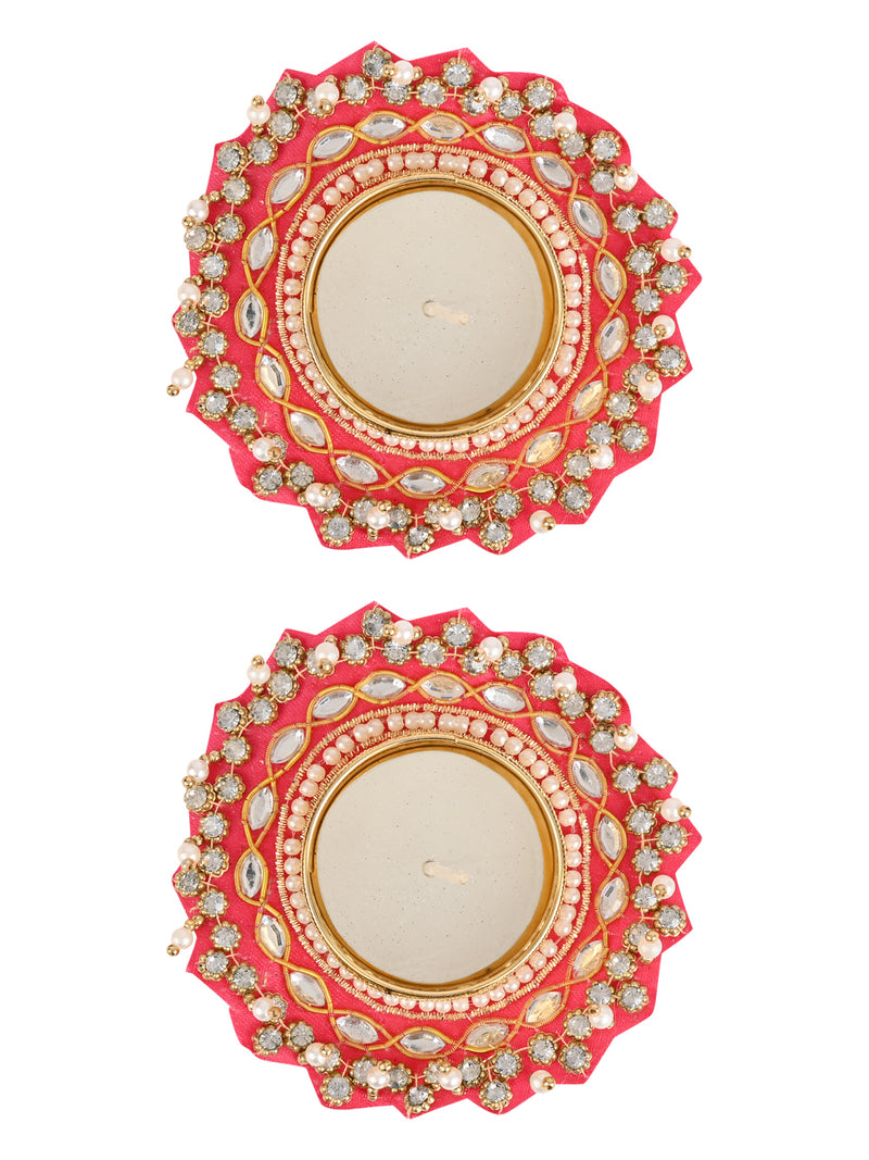 Festive Pearl & Kundan Studded Diyas with tealights - Set of 2