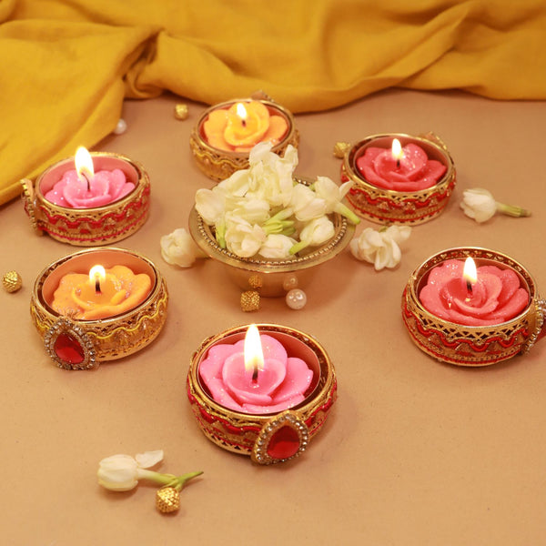 Festive Kundan Studded Diyas with tealights - Set Of 6