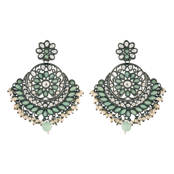 silver oxidised ,kundan, stone studed , pearls earring 