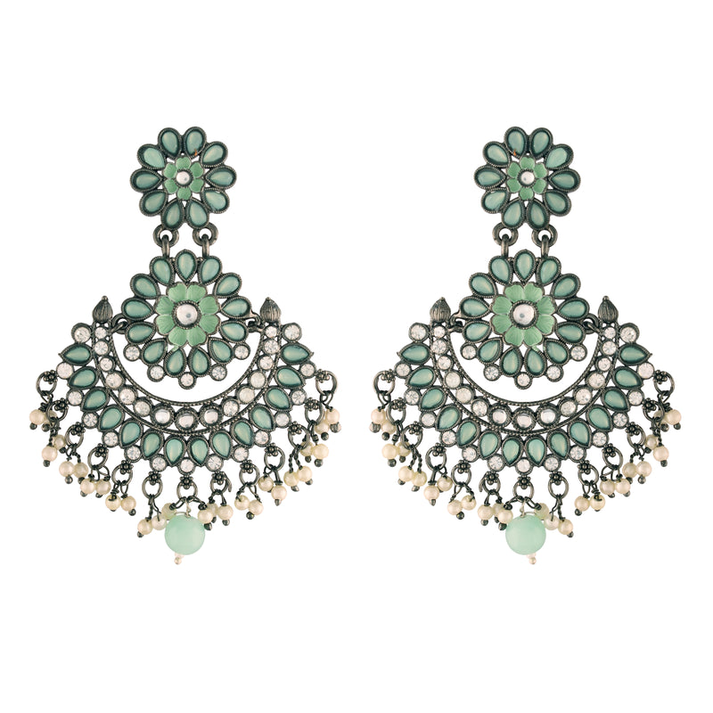 silver oxidised ,kundan, stone studed , pearls meenakari  earring 