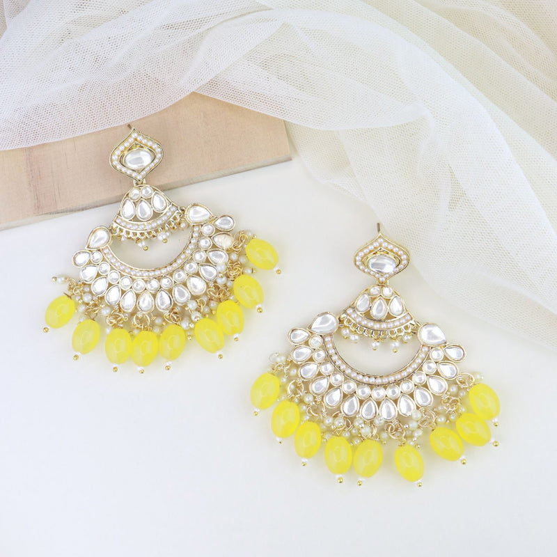 Chandbali Earrings Yellow Pearls With Cutwork | 50% Discount