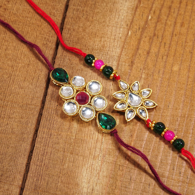 Gold Plated Kundan And Pearl Combo Pack of 2 Rakhi for Beloved Brother (R634-36)