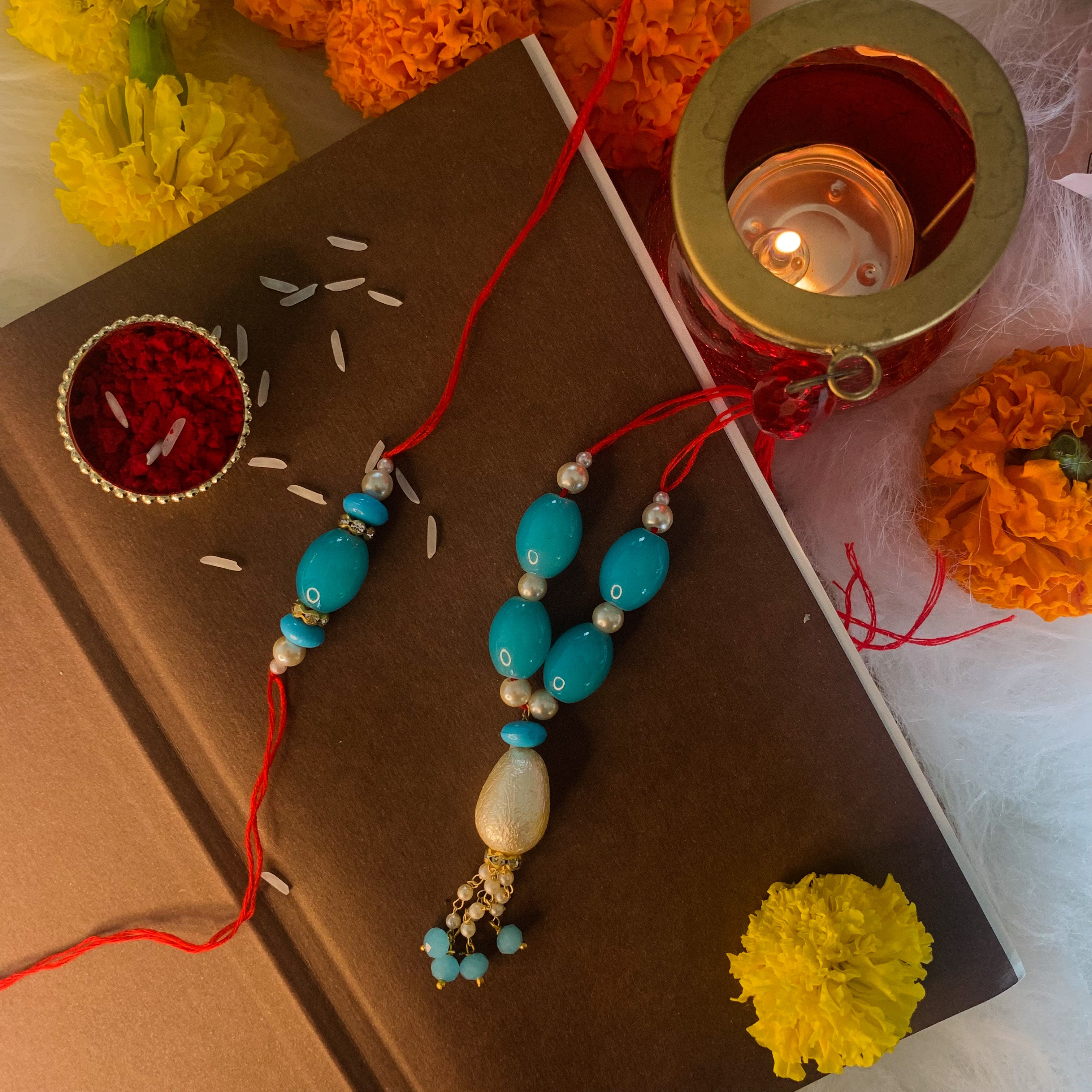 Traditional Bhaiya Bhabhi Lumba Pearl & Rakhi  With Roli Chawal