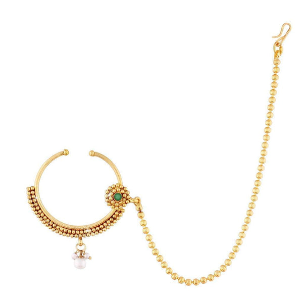 gold plated , kundan , stones , pearls , chain nose ring