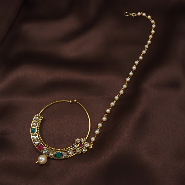 kundan , pearls , nose ring 