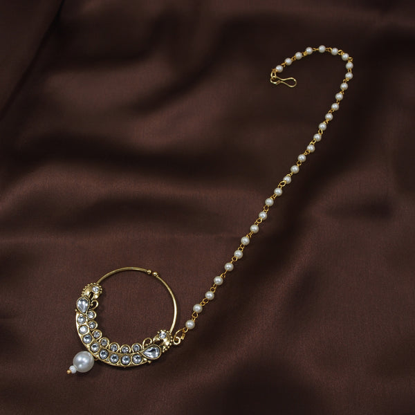 kundan , stones , pearls , chain nose ring