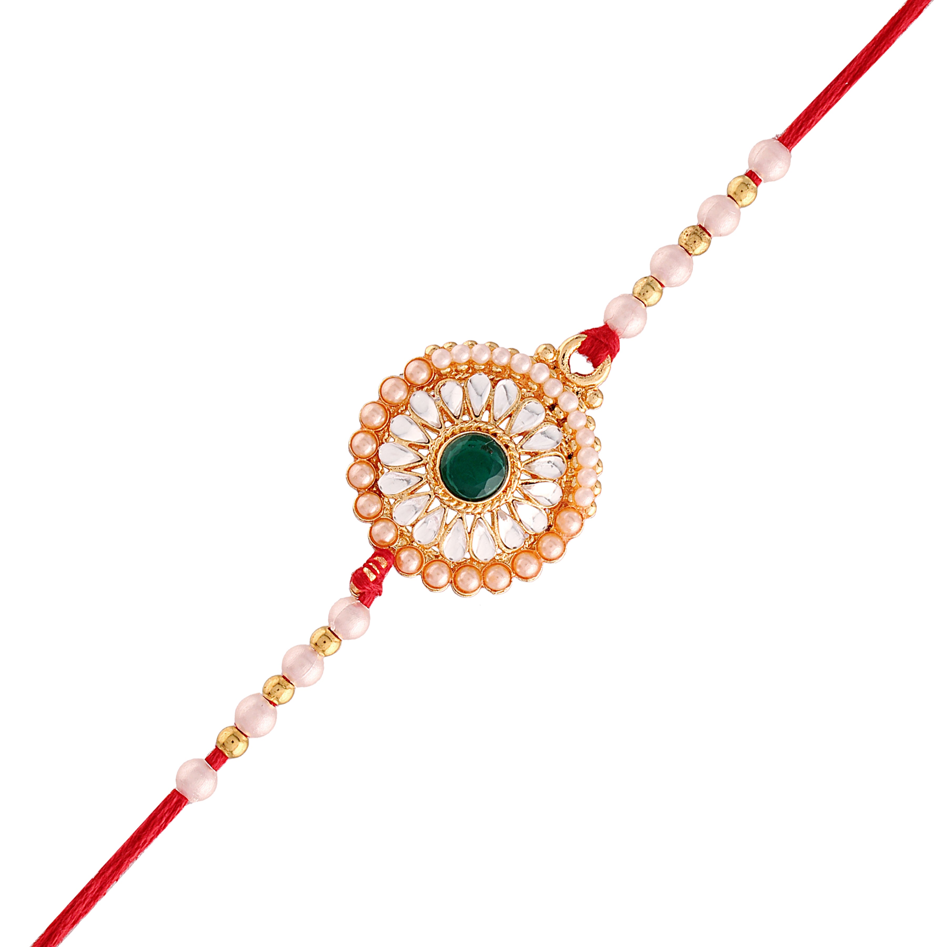 Gold Plated Ethnic Designer Pearl Kundan Rakhi Bracelet for Brother/Men