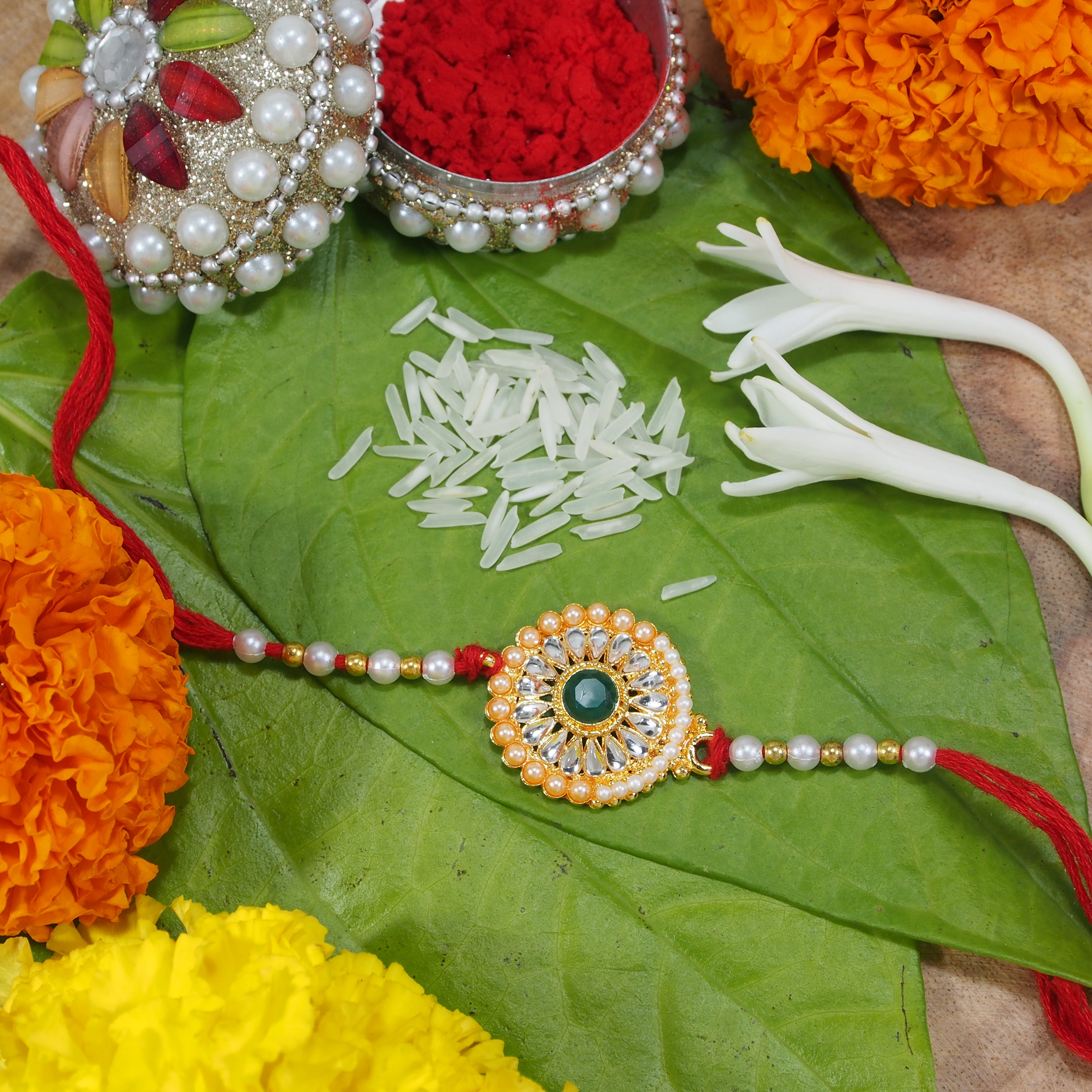 Gold Plated Ethnic Designer Pearl Kundan Rakhi Bracelet for Brother/Men