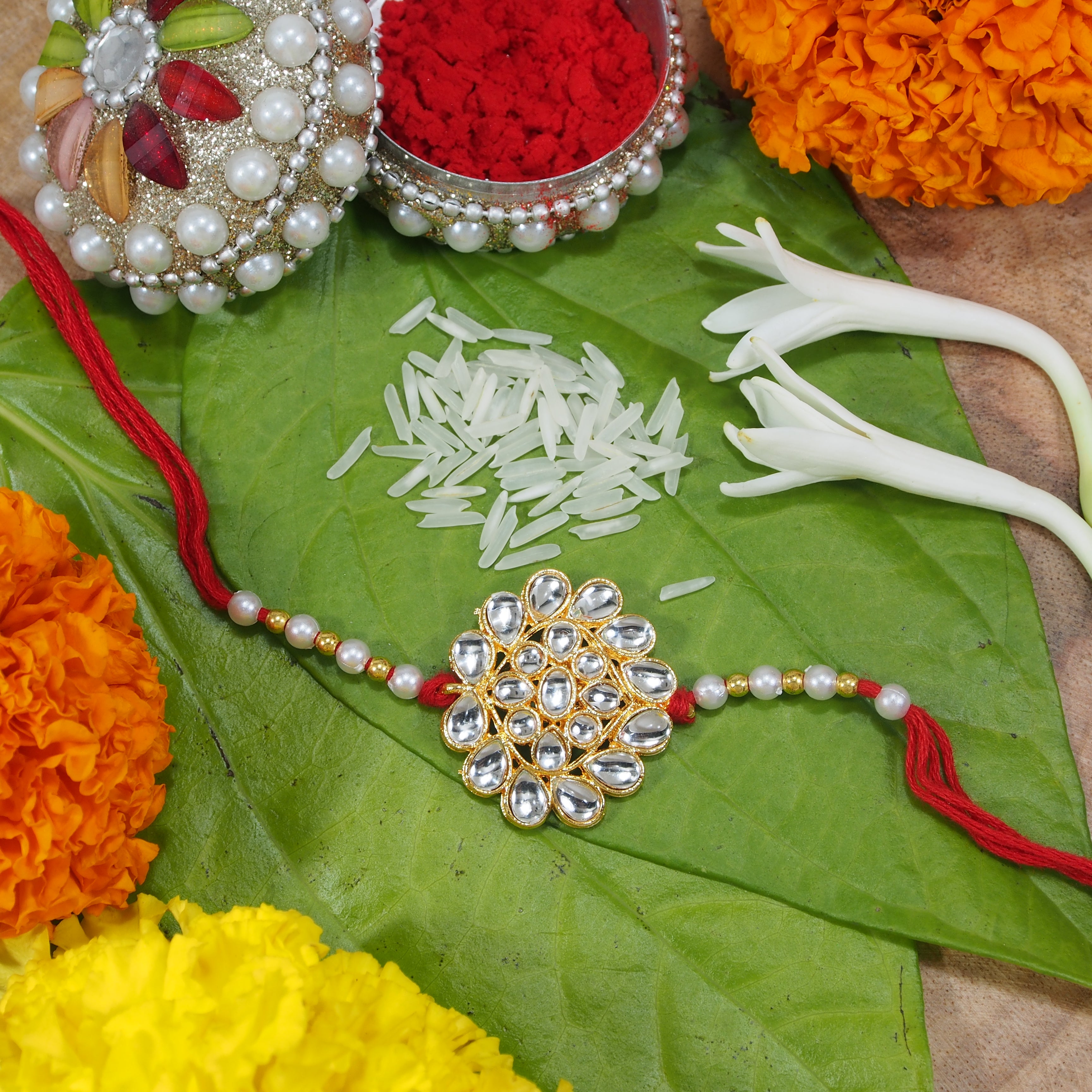 Gold Plated Ethnic Designer Pearl Kundan Rakhi Bracelet for Brother/Men