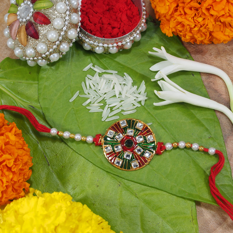 Floral Meena And CZ Rakhi with Roli chawal