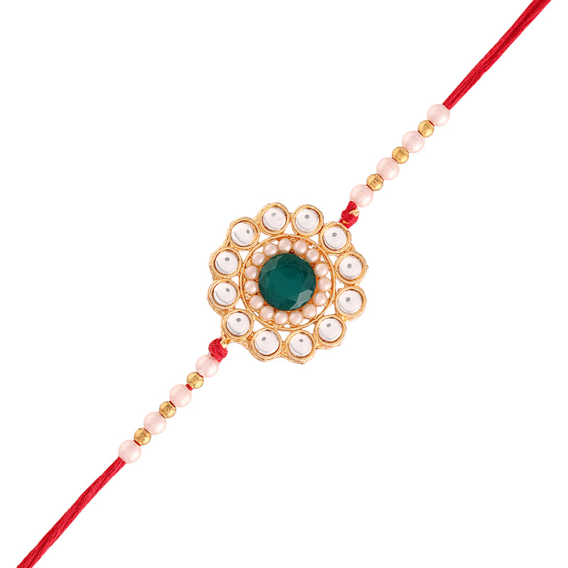 Gold Plated Ethnic Designer Pearl Kundan Rakhi Bracelet for Brother/Men