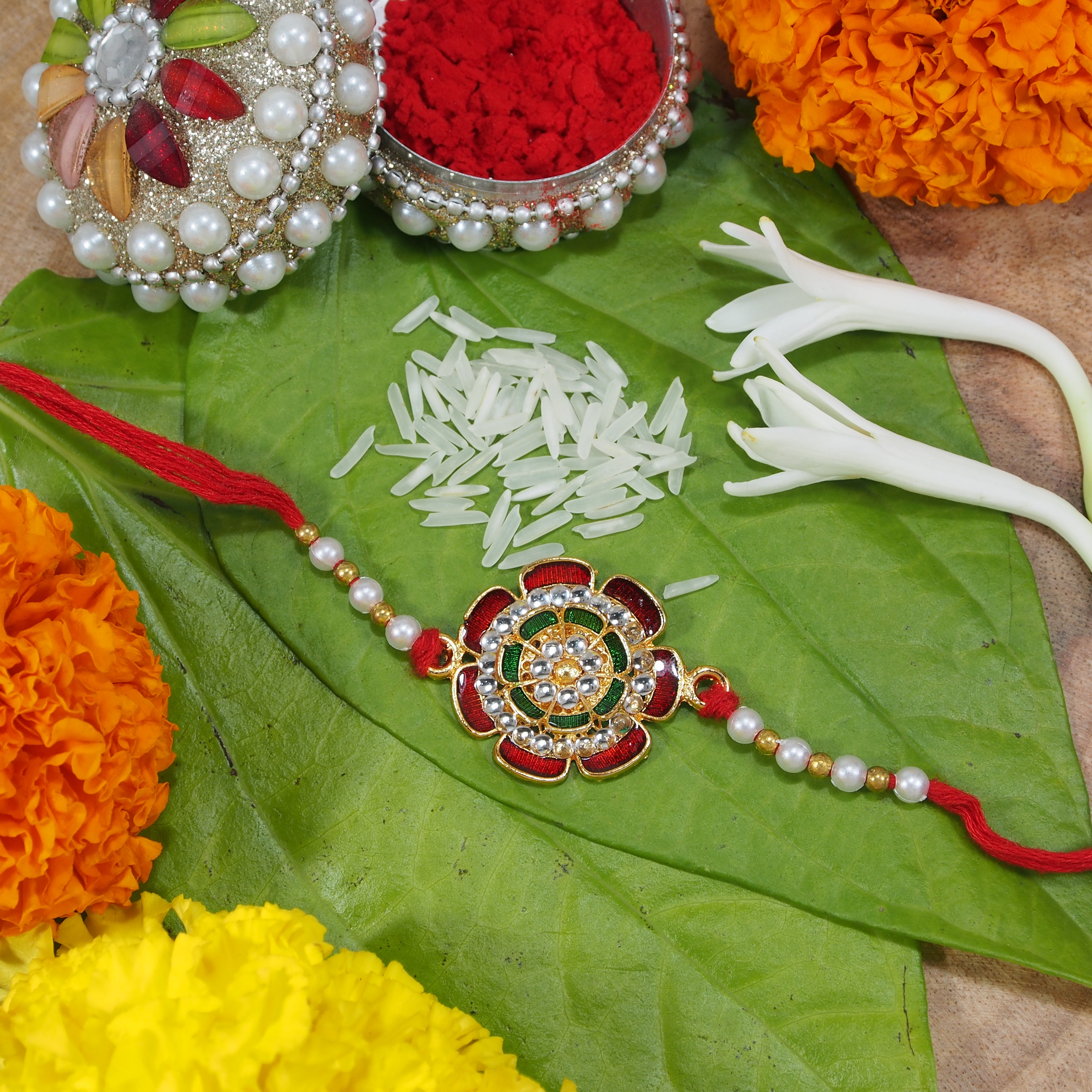 Colourful Beads And Meena Floral Rakhi