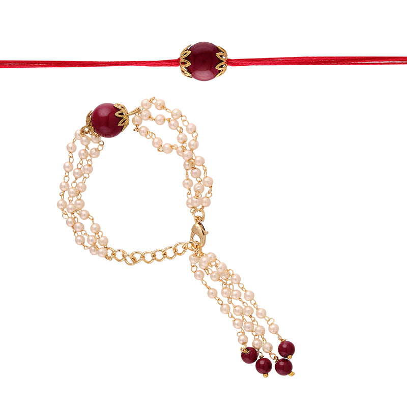 Designer Bhaiya Bhabhi Lumba Pearl Rakhi  With Roli Chawal
