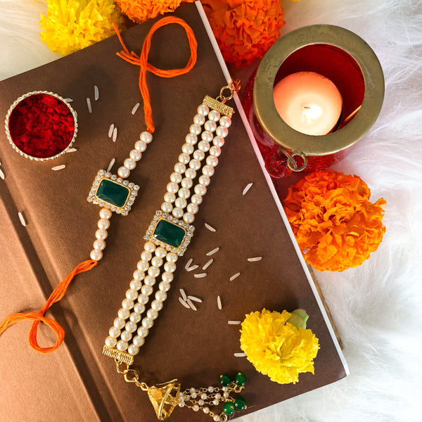 Traditional Bhaiya Bhabhi Lumba Pearl Rakhi With Roli Chawal