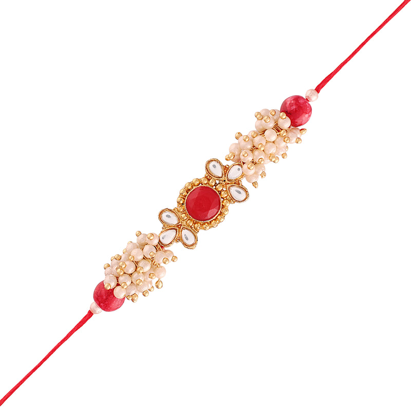 Gold Plated Ethnic Designer Pearl Kundan Rakhi Bracelet for Brother/Men