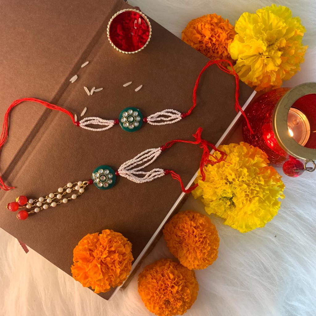 Antique Bhaiya Bhabhi Lumba Pearl Rakhi With Roli Chawal