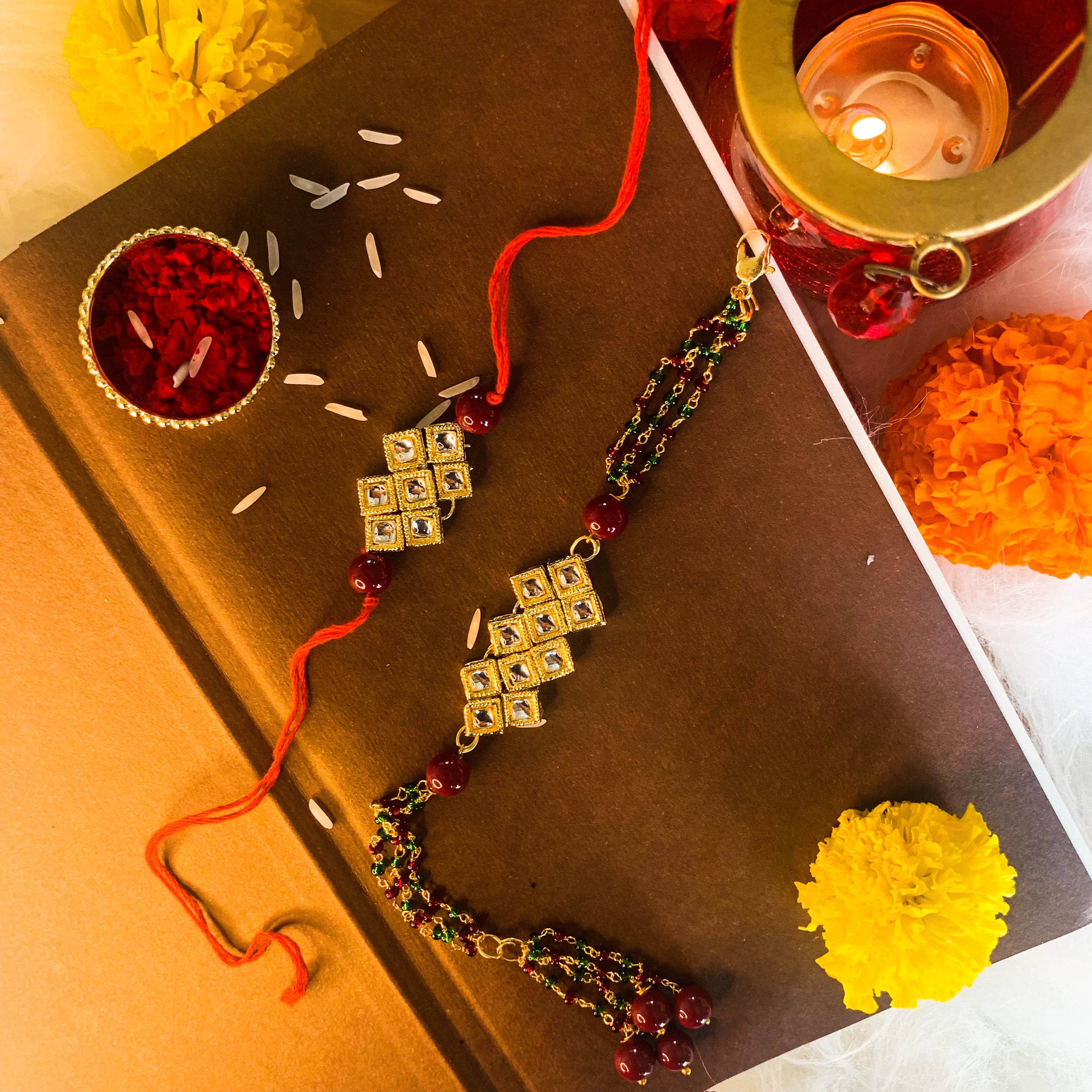 Kundan Bhaiya Bhabhi Lumba Pearl Rakhi With Roli Chawal