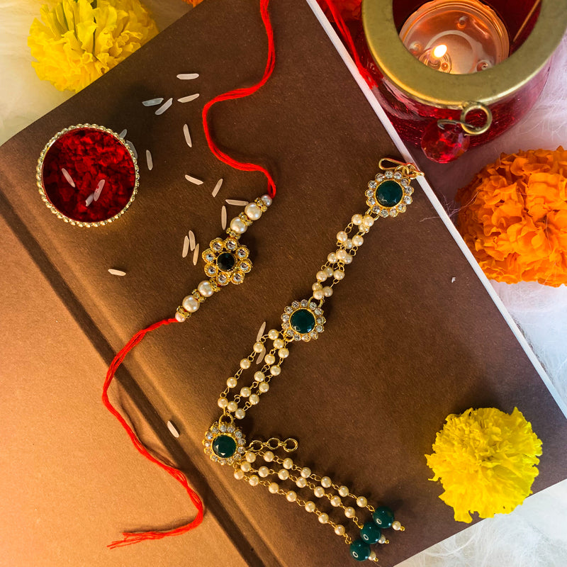 Antique Pearl Bhaiya Bhabhi Lumba Rakhi With Roli Chawal