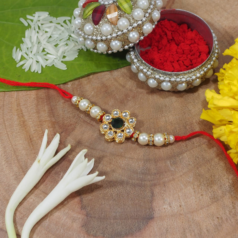 Gold Plated Ethnic Designer Pearl Kundan Rakhi Bracelet for Brother/Men
