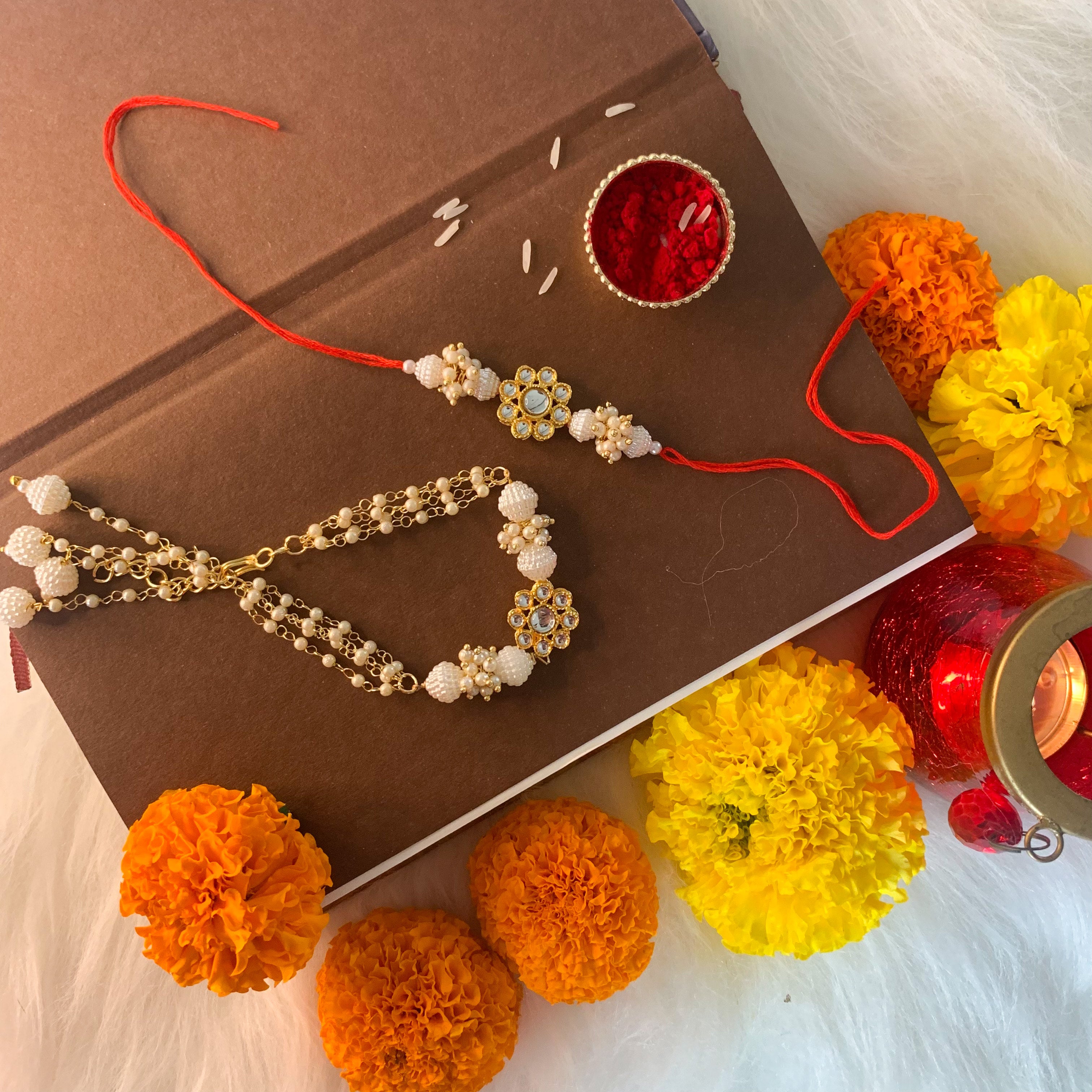 Traditional Bhaiya Bhabhi Lumba Pearl & Rakhi With Roli Chawal