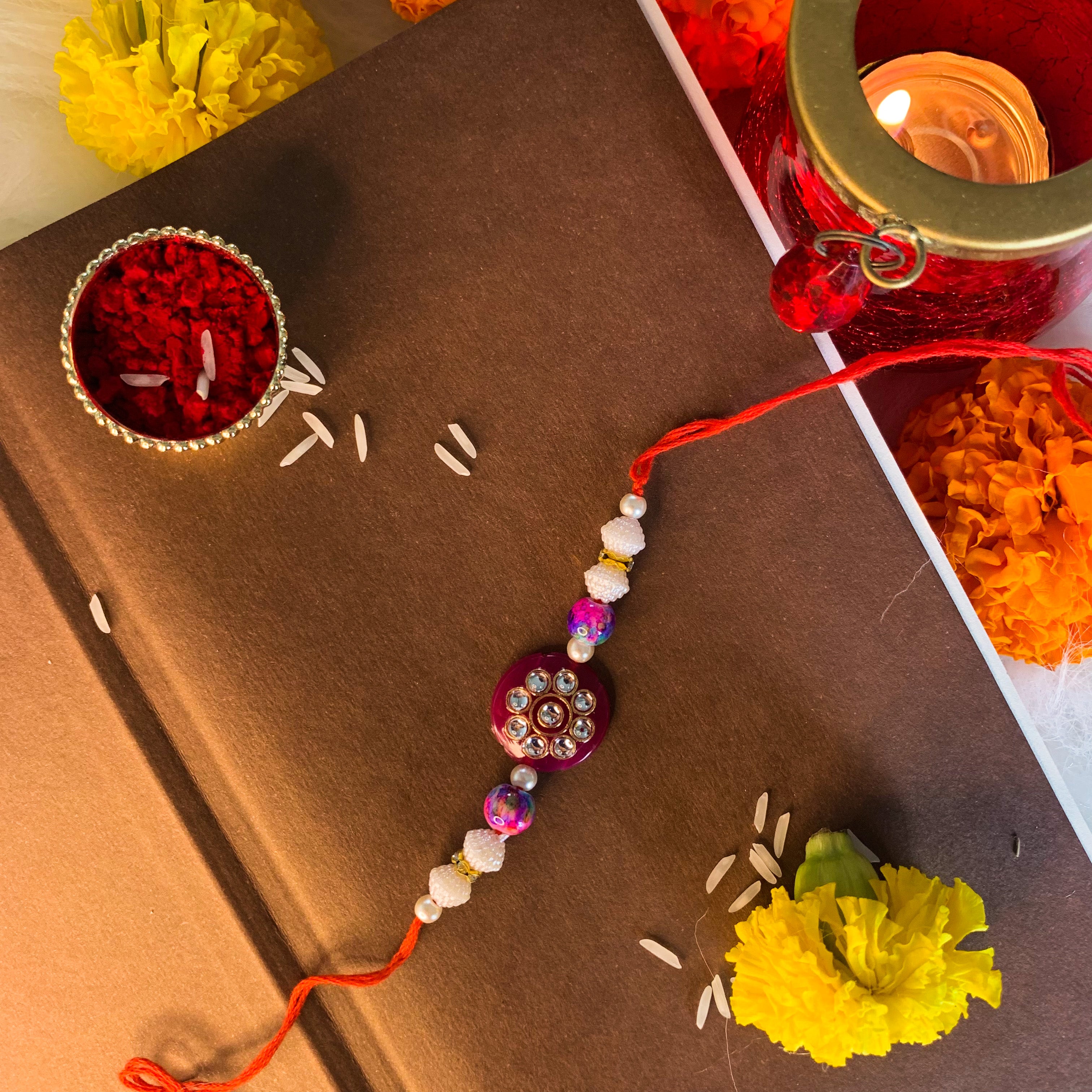 Gold Plated Ethnic Designer Kundan Pearl Rakhi Bracelet for Brother/Men