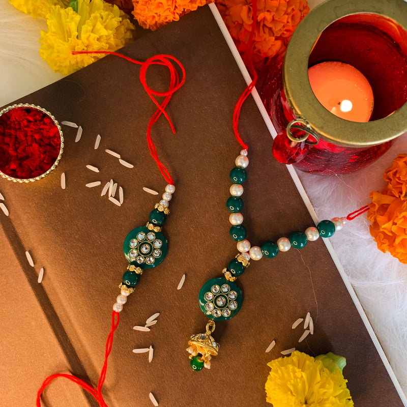 Kundan Bhaiya Bhabhi Lumba Pearl Rakhi With Roli Chawal