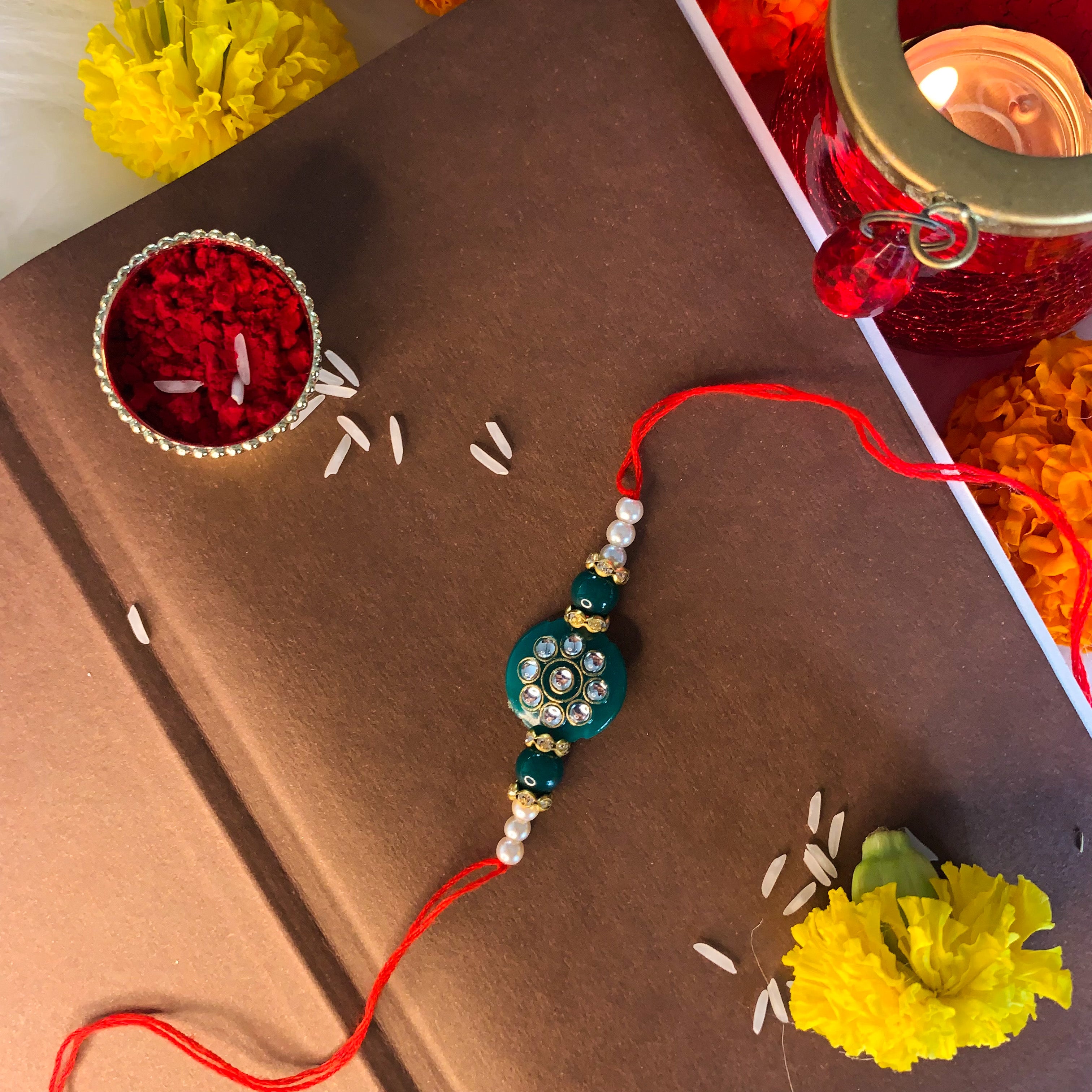 Gold Plated Ethnic Designer Kundan Pearl Rakhi Bracelet for Brother/Men