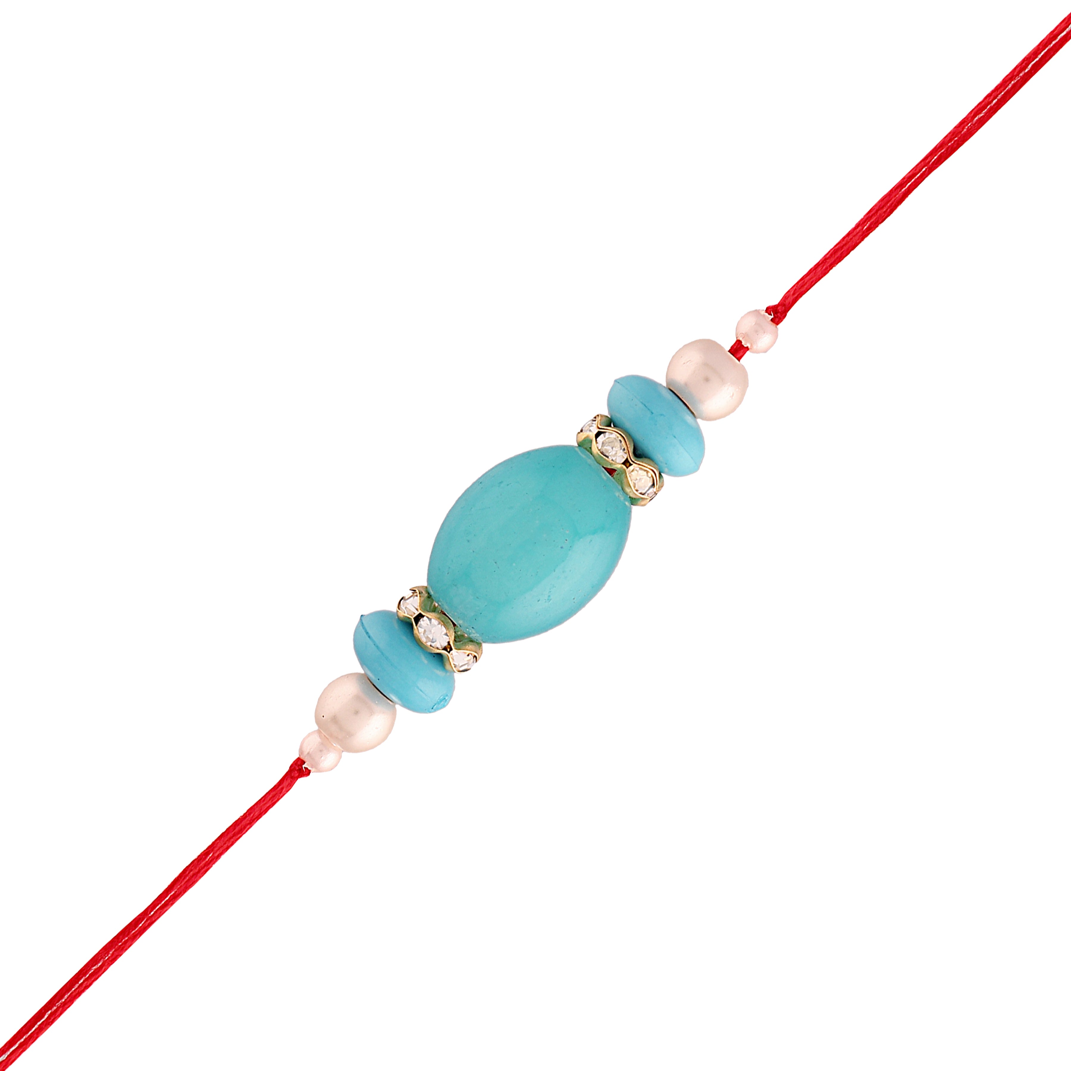 Gold Plated Ethnic Designer Pearl Turquoise Beads Rakhi Bracelet for Brother/Men