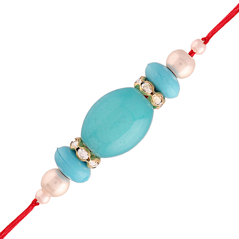 Gold Plated Ethnic Designer Pearl Turquoise Beads Rakhi Bracelet for Brother/Men