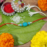 Gold Plated Ethnic Designer Pearl Turquoise Beads Rakhi Bracelet for Brother/Men