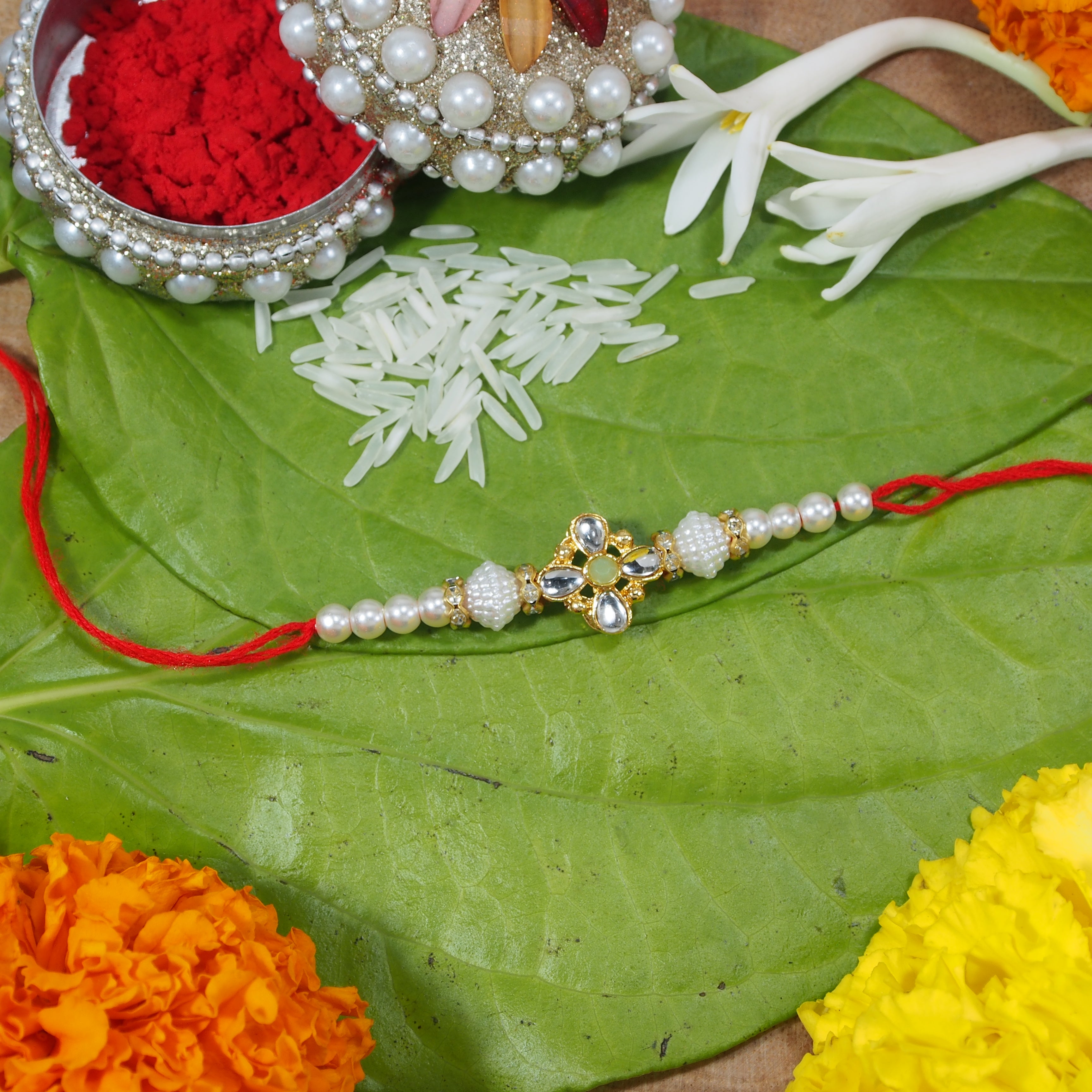 Gold Plated Ethnic Designer Pearl Kundan Rakhi Bracelet for Brother/Men