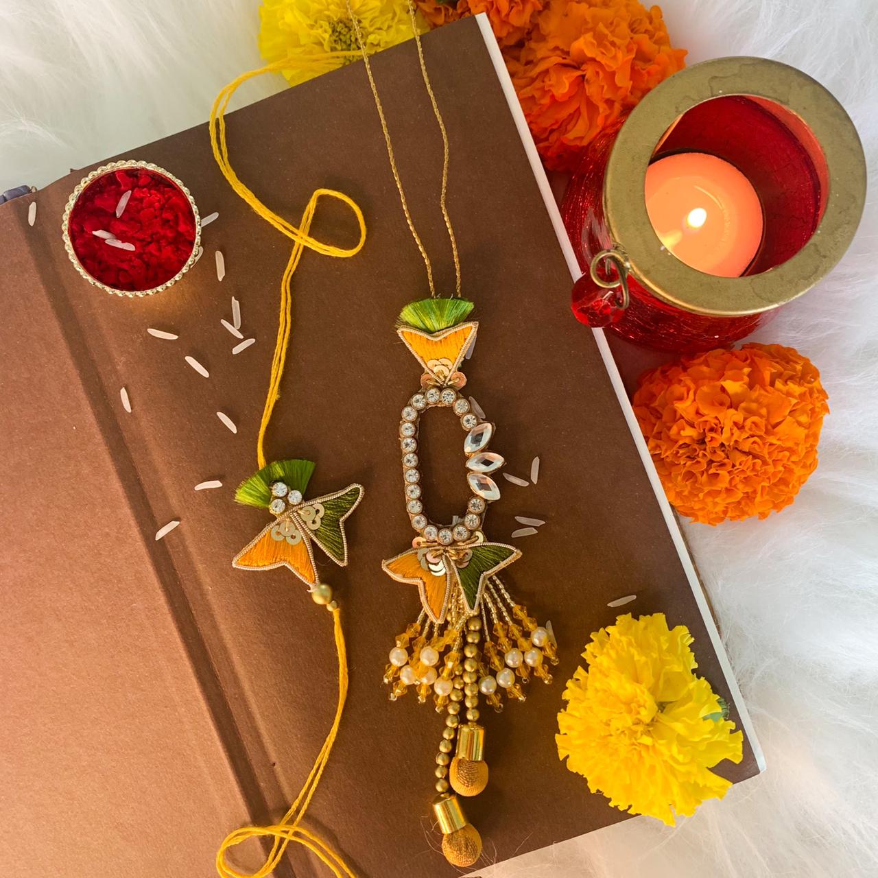 Yellow Green Pearl Bead Bhaiya Bhabhi Rakhi With Roli Chawal