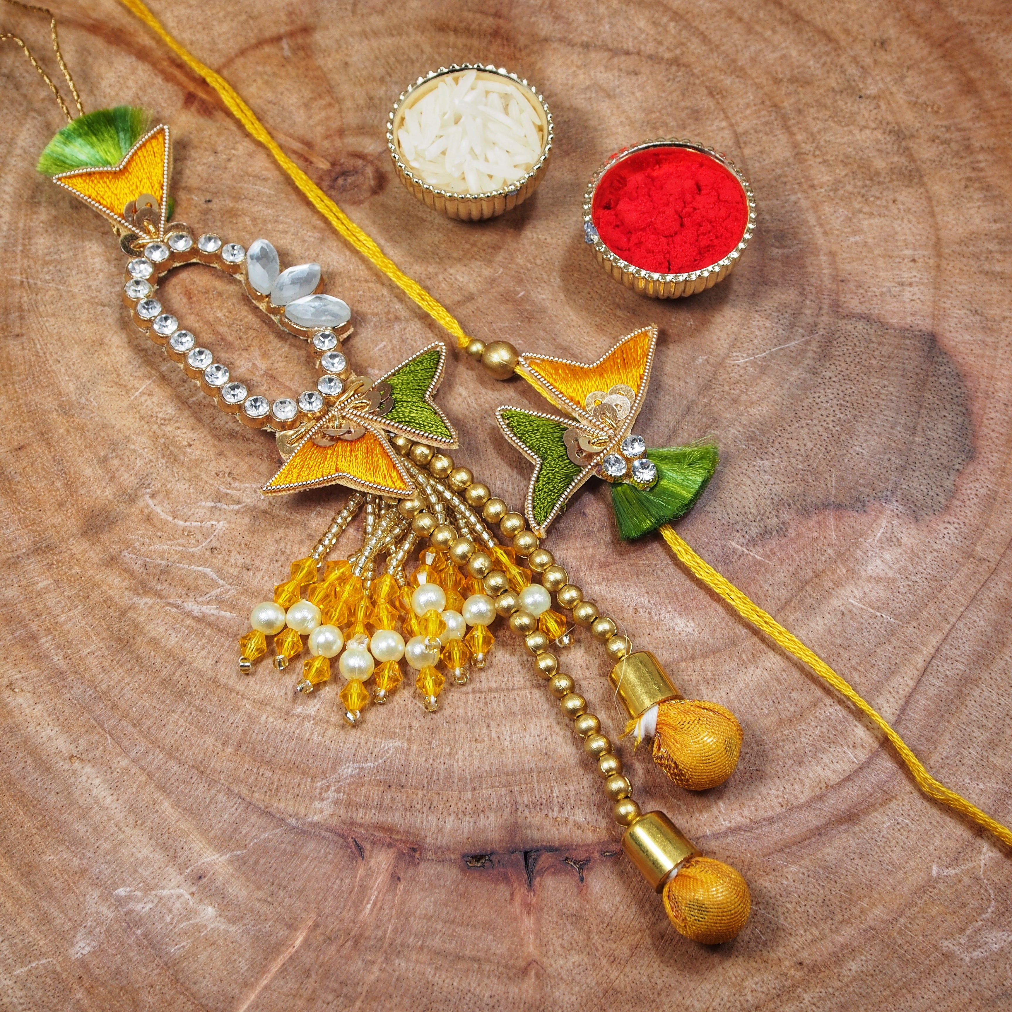 Yellow Green Pearl Bead Bhaiya Bhabhi Rakhi With Roli Chawal