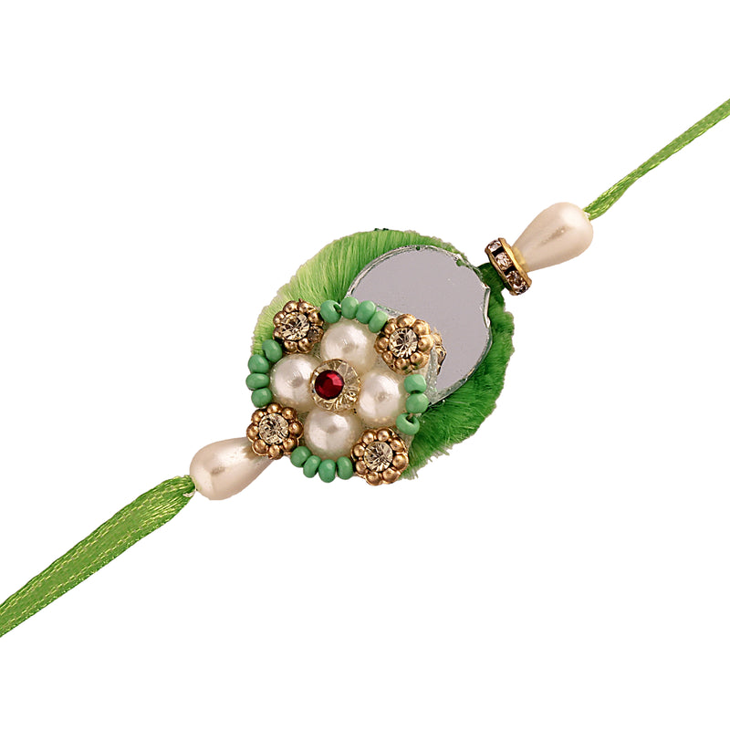 Green and White Pearl Bead Bhaiya Bhabhi Rakhi with roli chawal