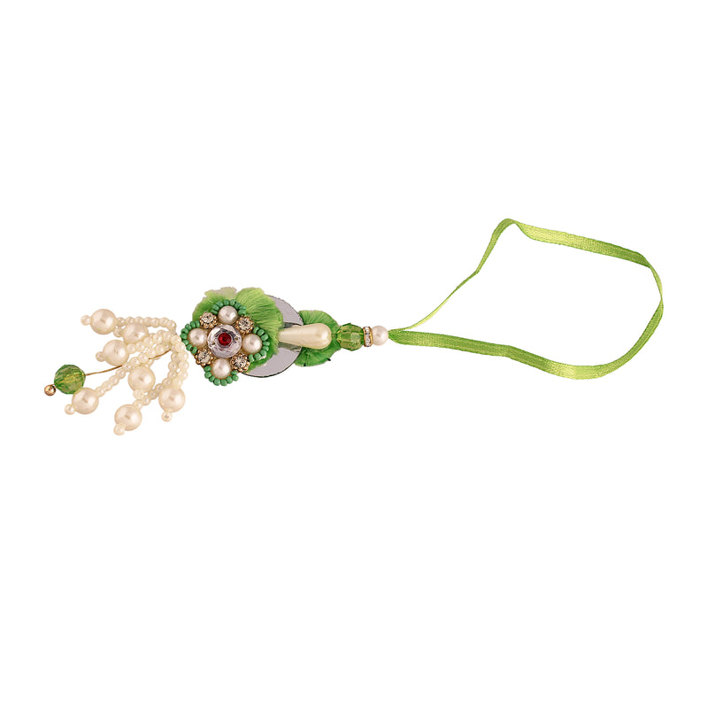 Green and White Pearl Bead Bhaiya Bhabhi Rakhi with roli chawal