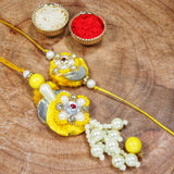 Yellow White Pearl Bead Bhaiya Bhabhi Rakhi With Roli and Chawal