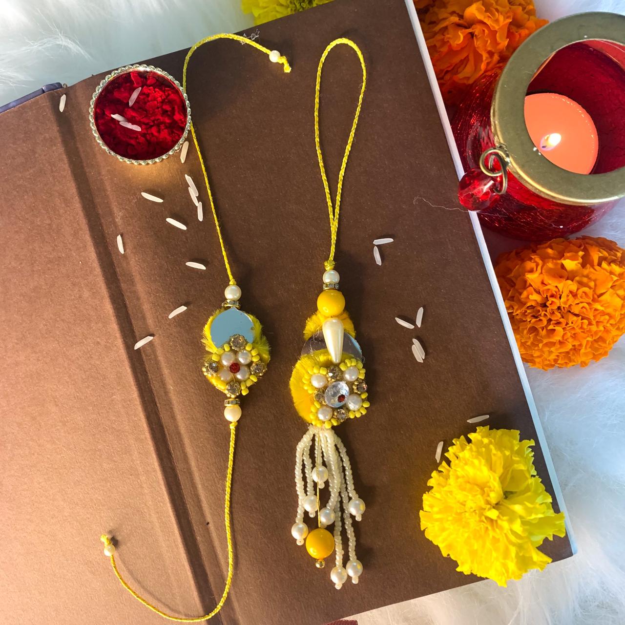Yellow White Pearl Bead Bhaiya Bhabhi Rakhi With Roli and Chawal