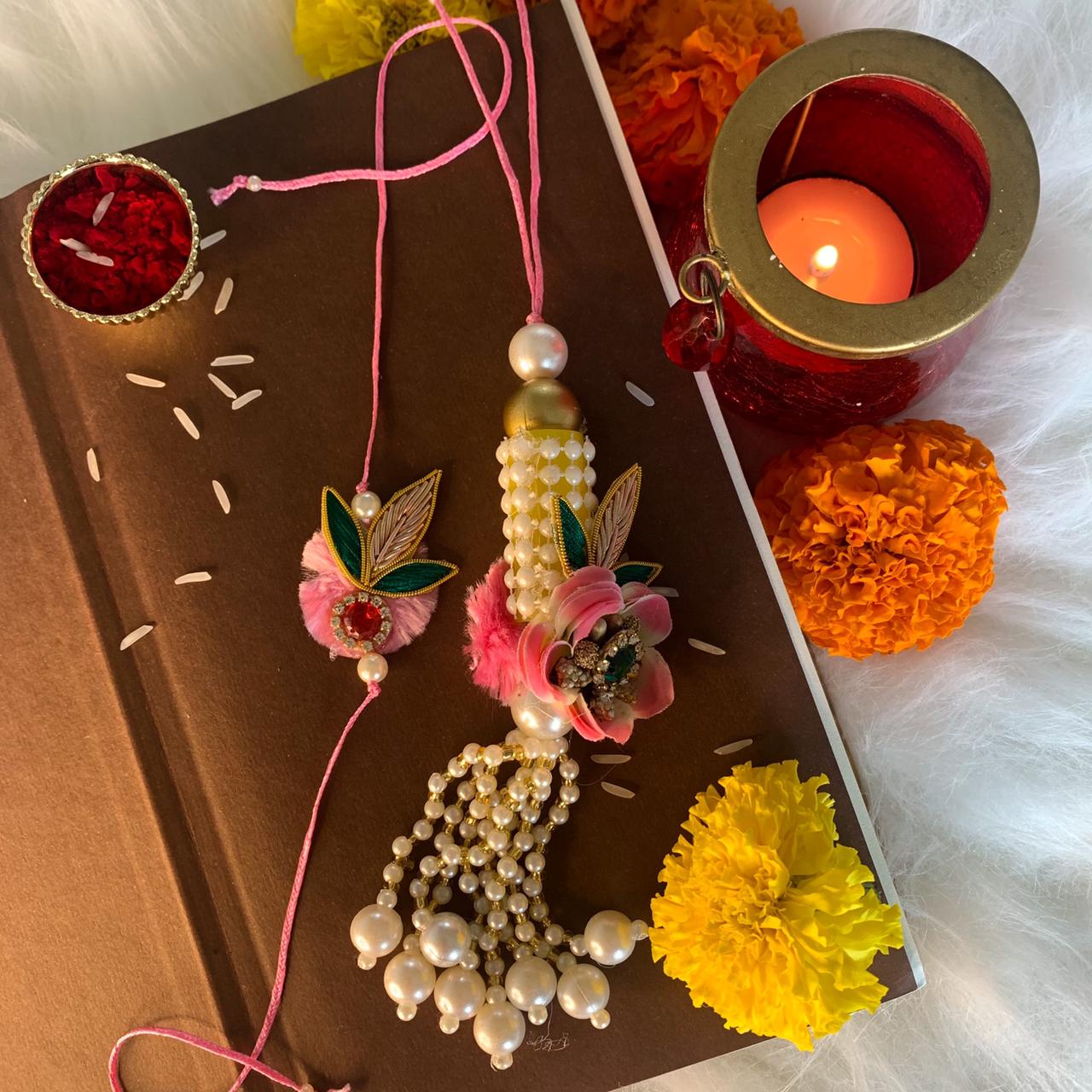 Pink White Pearl Bead Bhaiya Bhabhi Rakhi with Roli Chawal