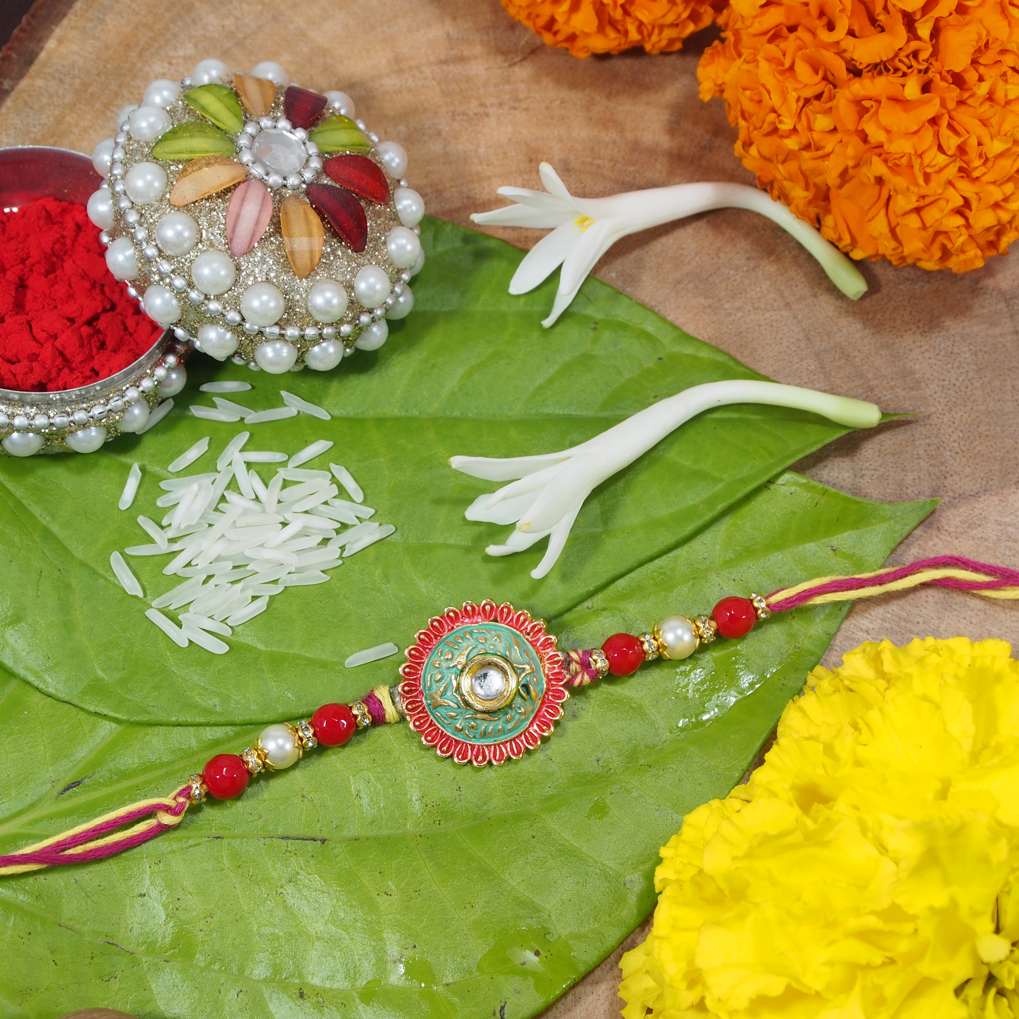 Gold Plated Meenakari Pearl Rakhi Bracelet for Brother/Men