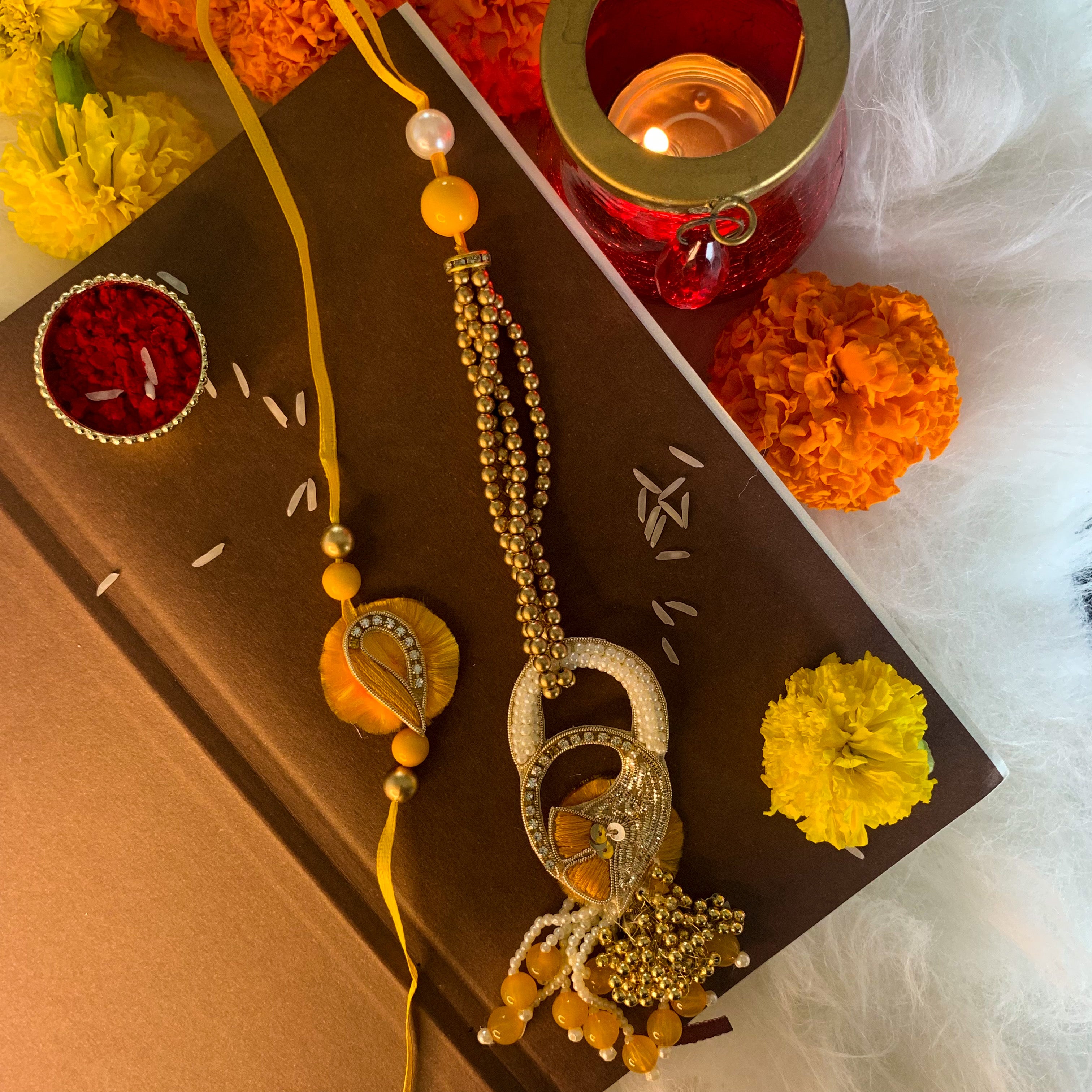 Yellow Pearl Bead Bhaiya Bhabhi Rakhi With Roli Chawal